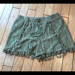 Umgee Green Eyelet/Lace Tassel Shorts